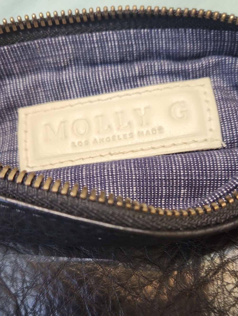 MOLLY G Black Pebble Leather Zip Pouch with Blue Lining